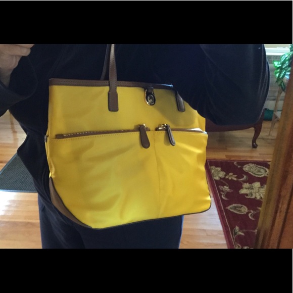 NWOT Michael Kors Gold Nylon/Brown Leather Purse - Picture 8 of 8